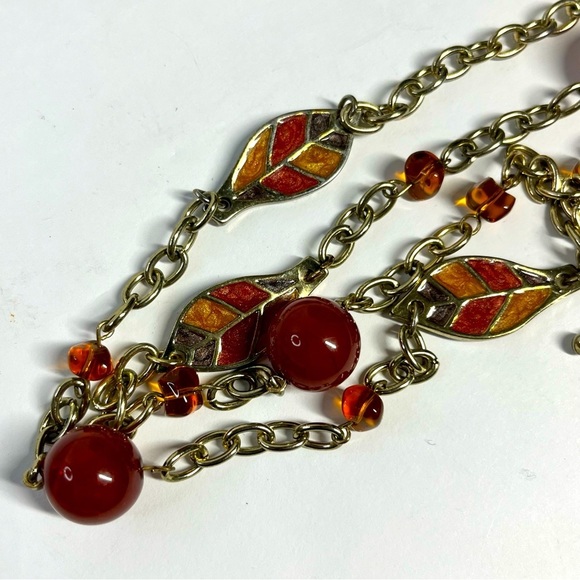 Earth Tone Leaves Beaded Golden Chain Necklace 32-35" - Picture 7 of 8